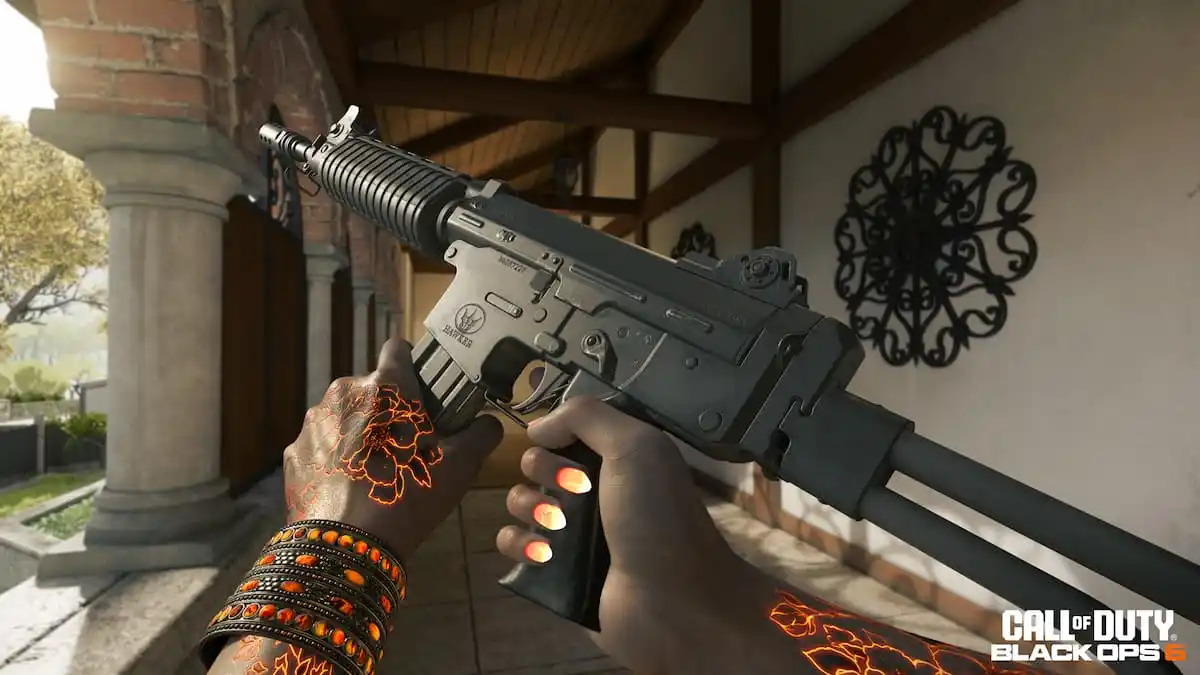 Krig C AR in Black Ops 6, an assault rifle held up by a pair of hands with glowing orange tattoos and nails.