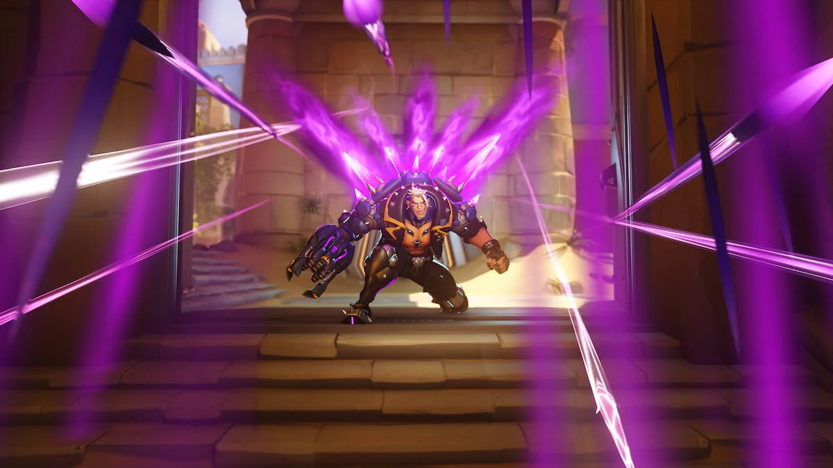 Hazard OW2 using his Downpour ultimate, as purple spikes rain down all around.