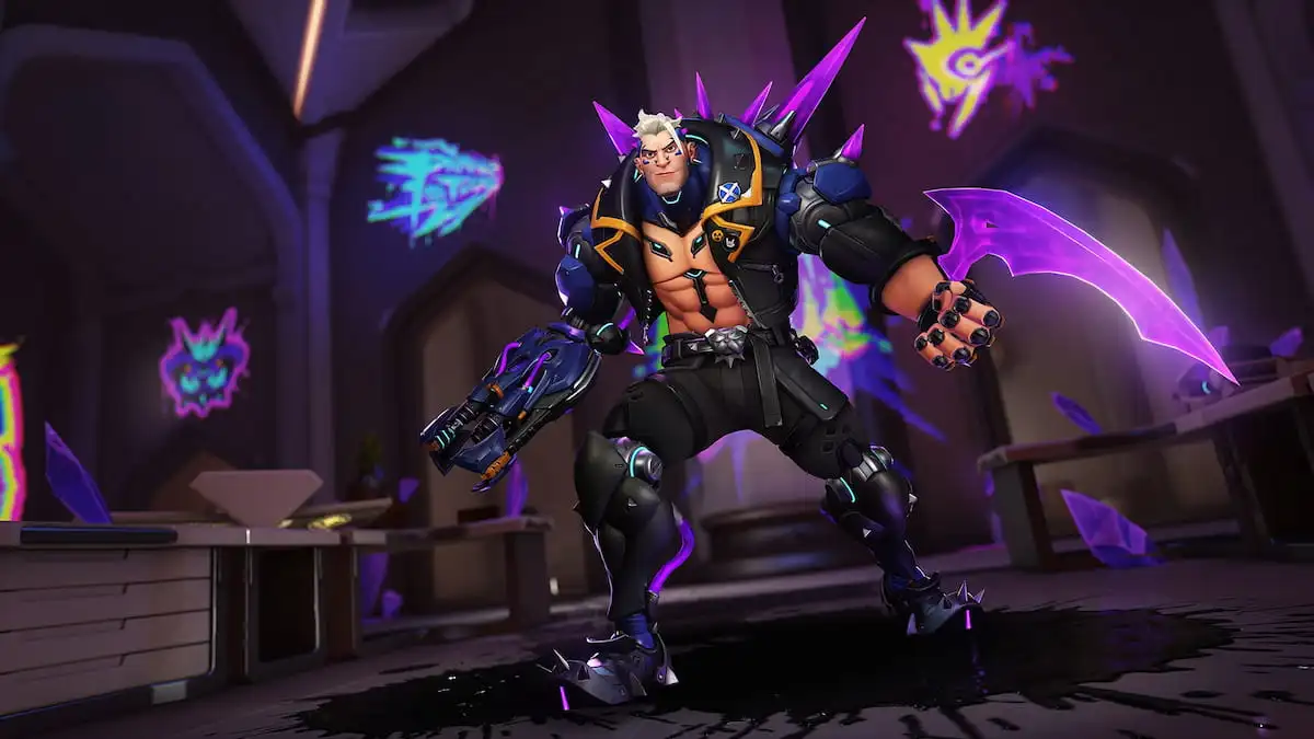 Hazard in OW2, a large tank character with purple spikes coming from his back, a purple blade extending from his wrist, and another arm replaced by a gun.