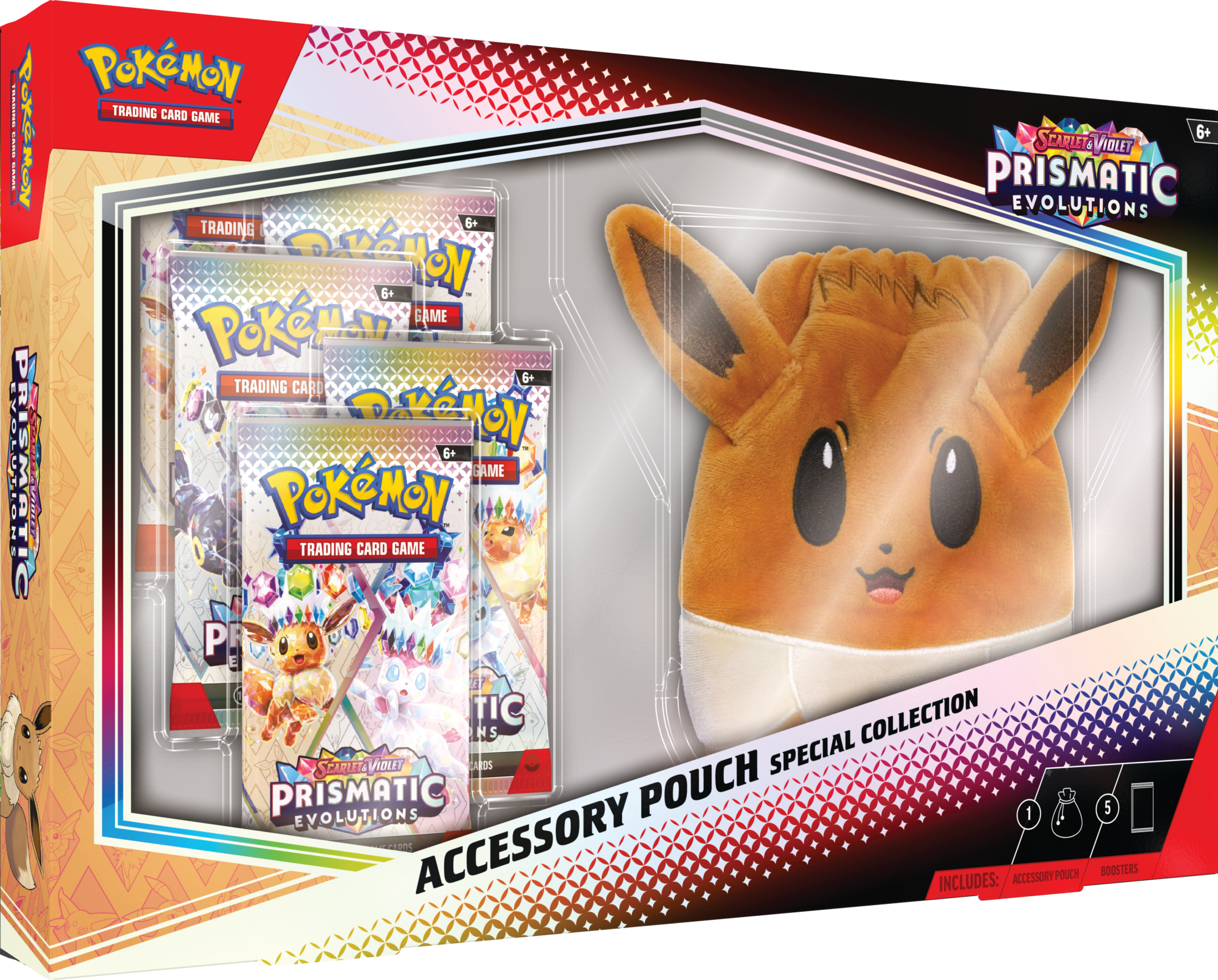 Prismatic Evolutions accesory puch collection that shows 5 packs and a weird looking eevee face bag thats more creepy then it should be