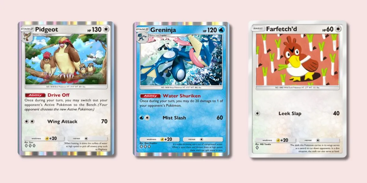 Pidgeot, Greninja, and Farfetch'd Pokémon TCG Pocket cards.