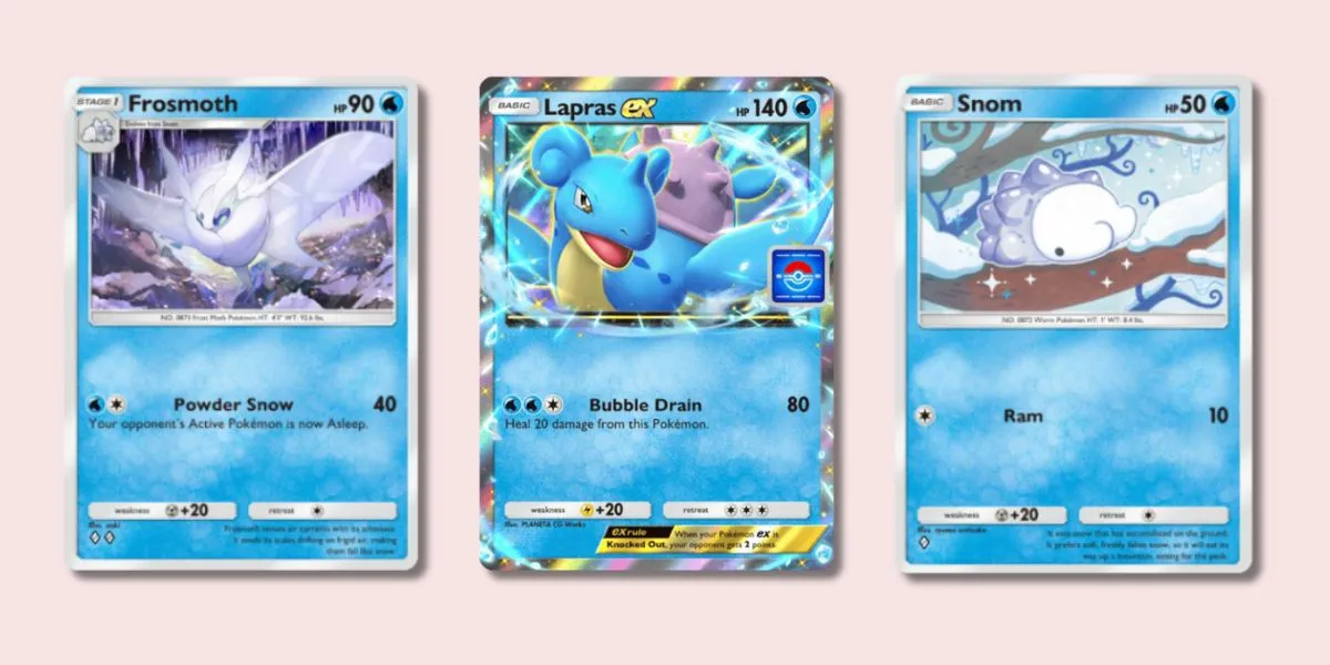 Frosmoth, Lapras ex, and Snom Pokémon TCG Pocket cards.