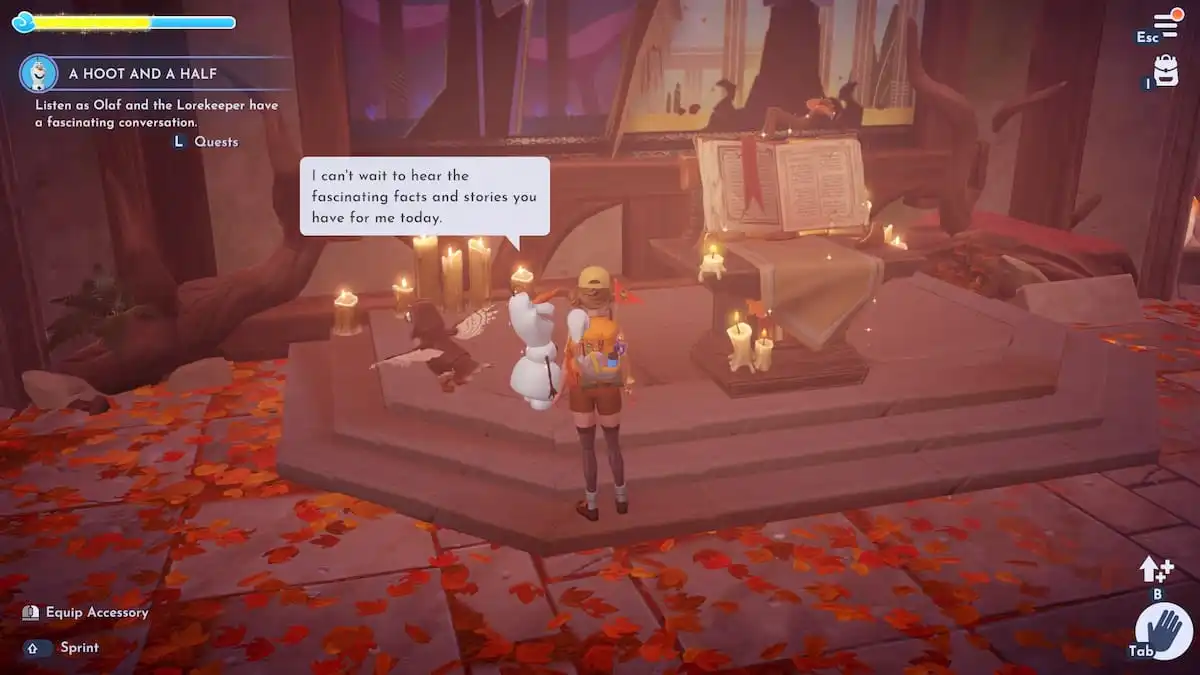 The player watching Olaf talk to the Lorekeeper book in Disney Dreamlight Valley.