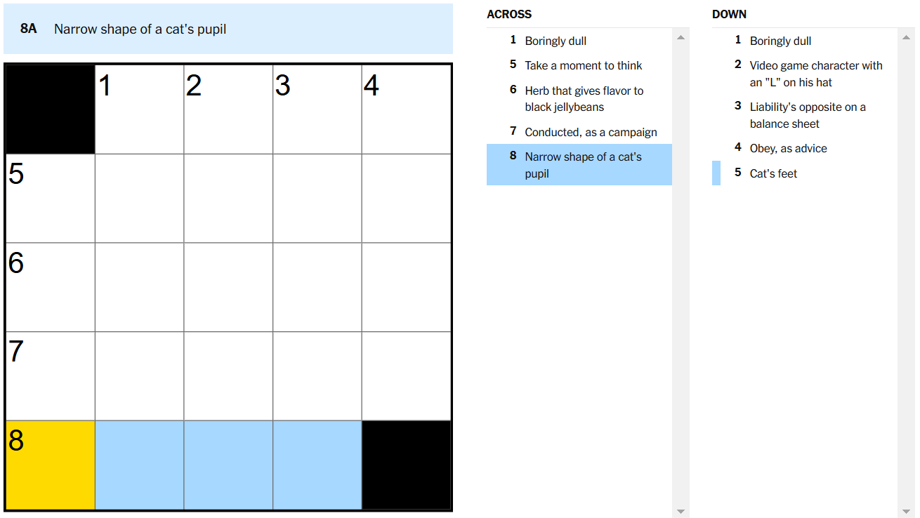 narrow shape of a cat'd pupil nyt mini crossword hint