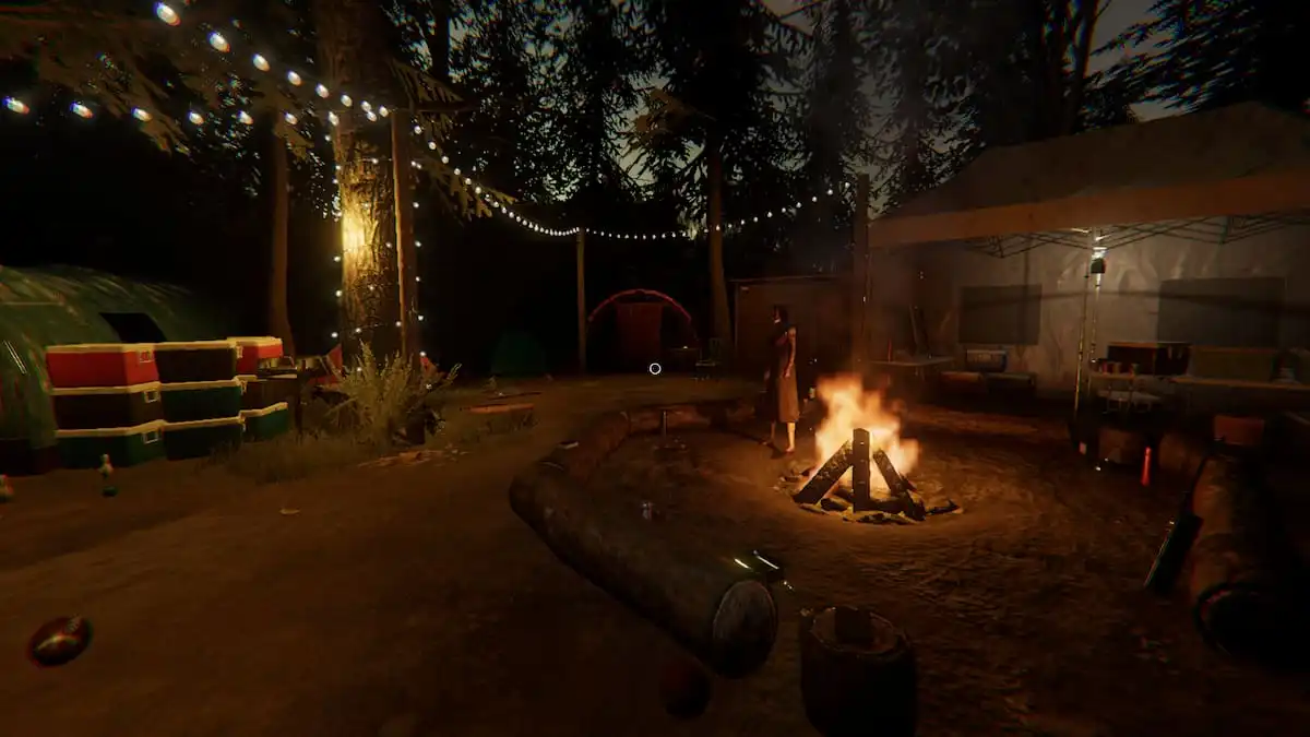 A ghost standing by a lit campfire under some string lights in a camp area surrounded by tents at Camp Woodwind in Phasmophobia.