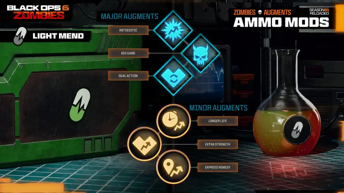 A screen showing the available augments for the Light Mend Ammo Mod.