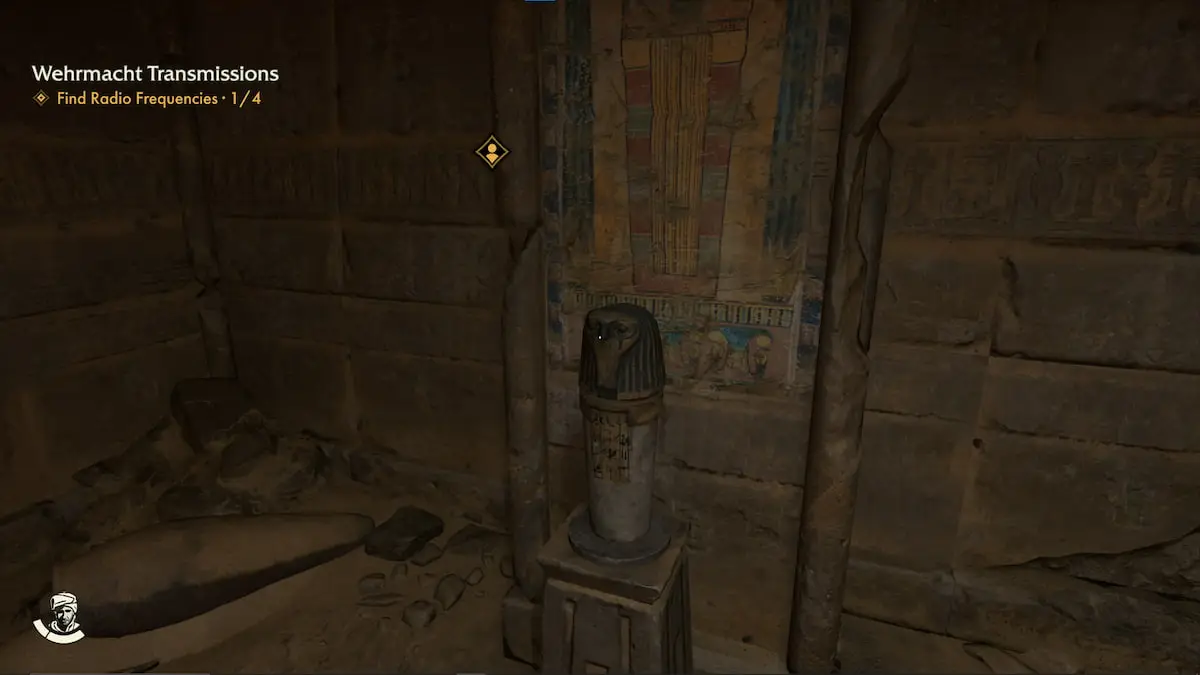 An ancient jar sits on a pedestal in an ancient Egyptian tomb.