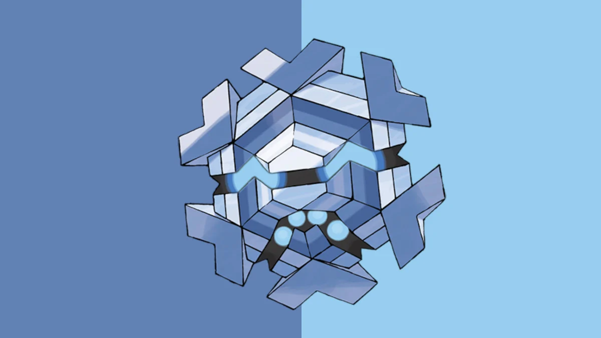 Cryogonal in Pokemon Go, a snowflake-like creature with glowing blue eyes and circles for a mouth.