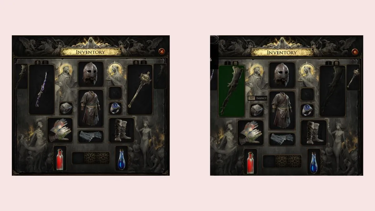 Two side by side screenshots of the inventory weapon system in Path of Exile 2.