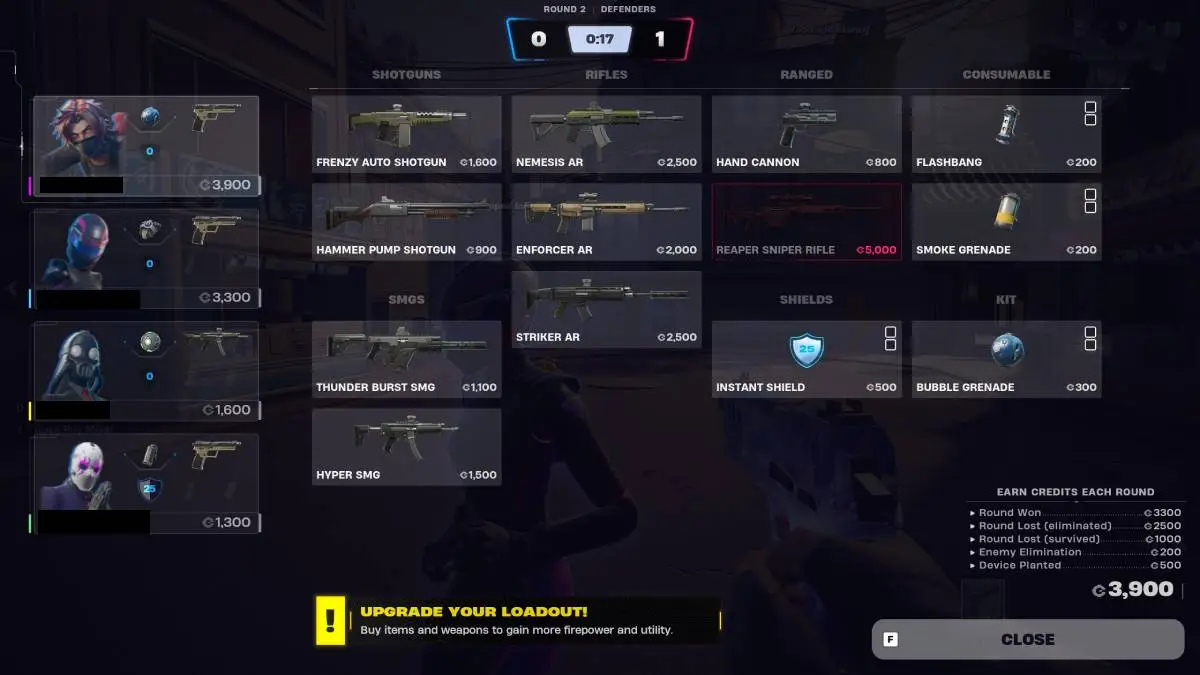 An image from Fortnite Ballistic of the buy screen, which allows you to use credits to purchase weapons in between rounds.