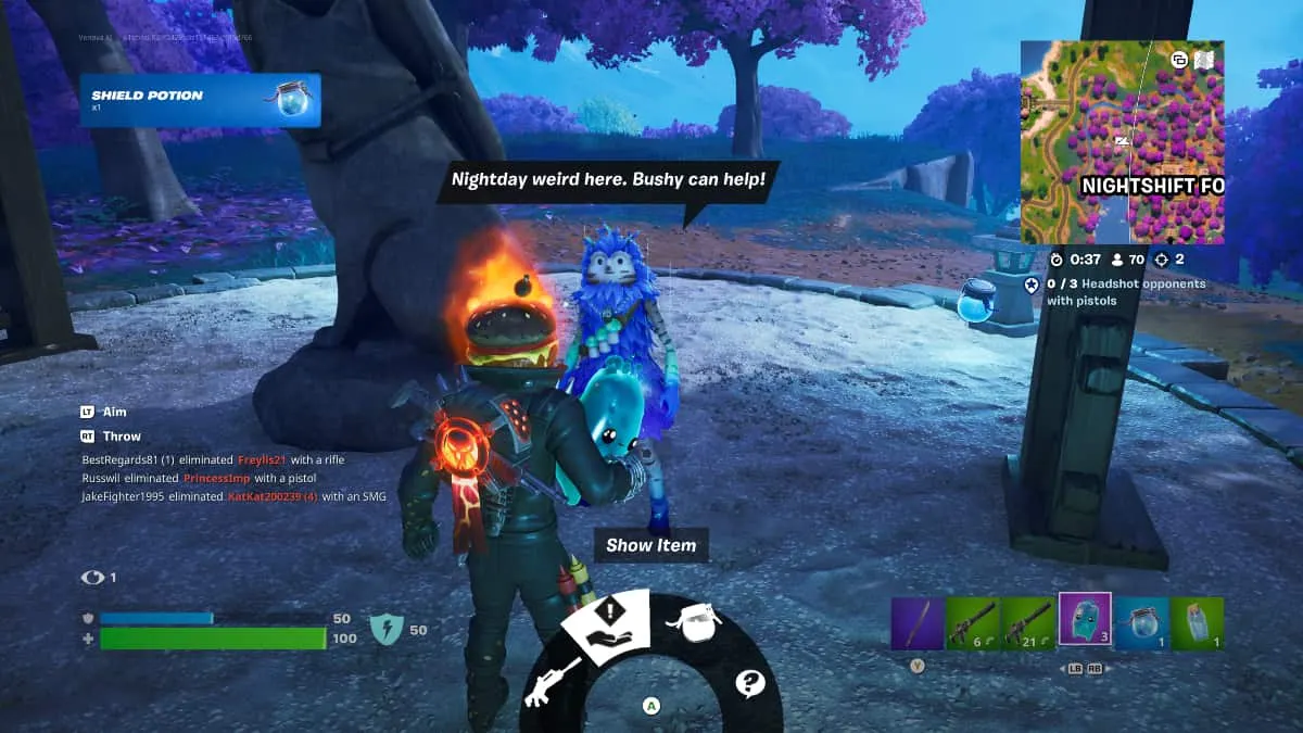 A player in the Ghost Ri-durr skin in Fortnite speaking to the Bushranger NPC.