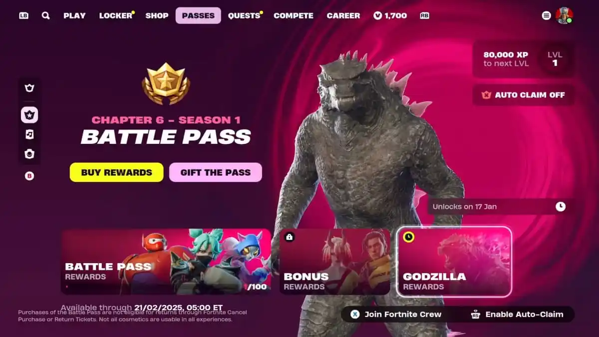 The Battle Pass in Fortnite Chapter 6 Season 1 with Godzilla highlighted.