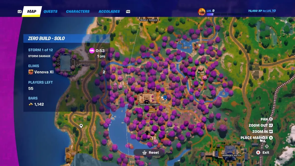 A section of the Fortnite map in Chapter 6, Season 1 with the location of the Vault marked.