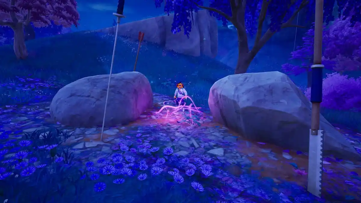 Picture showing the player standing in front of the pink energy location one to complete the secret quest in Fortnite.