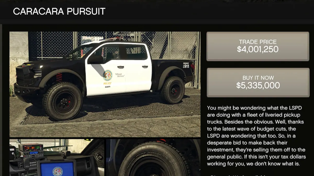 GTA V web page to purchase a police pickup truck