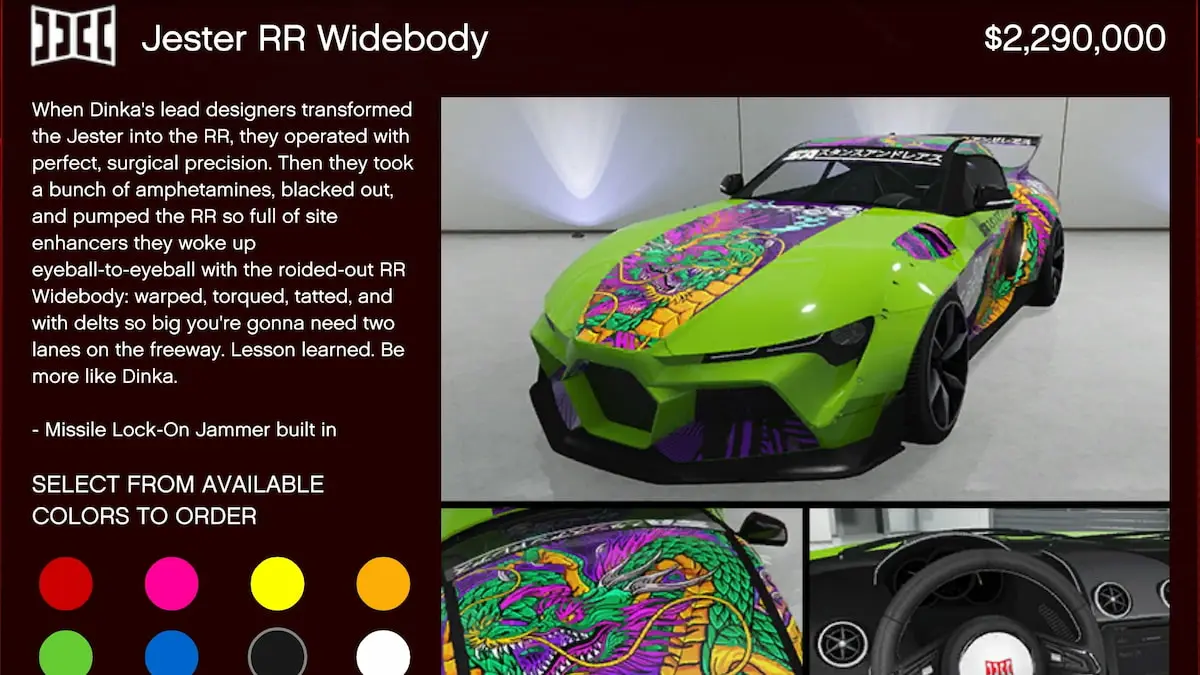 GTA V web page to purchase a green super car