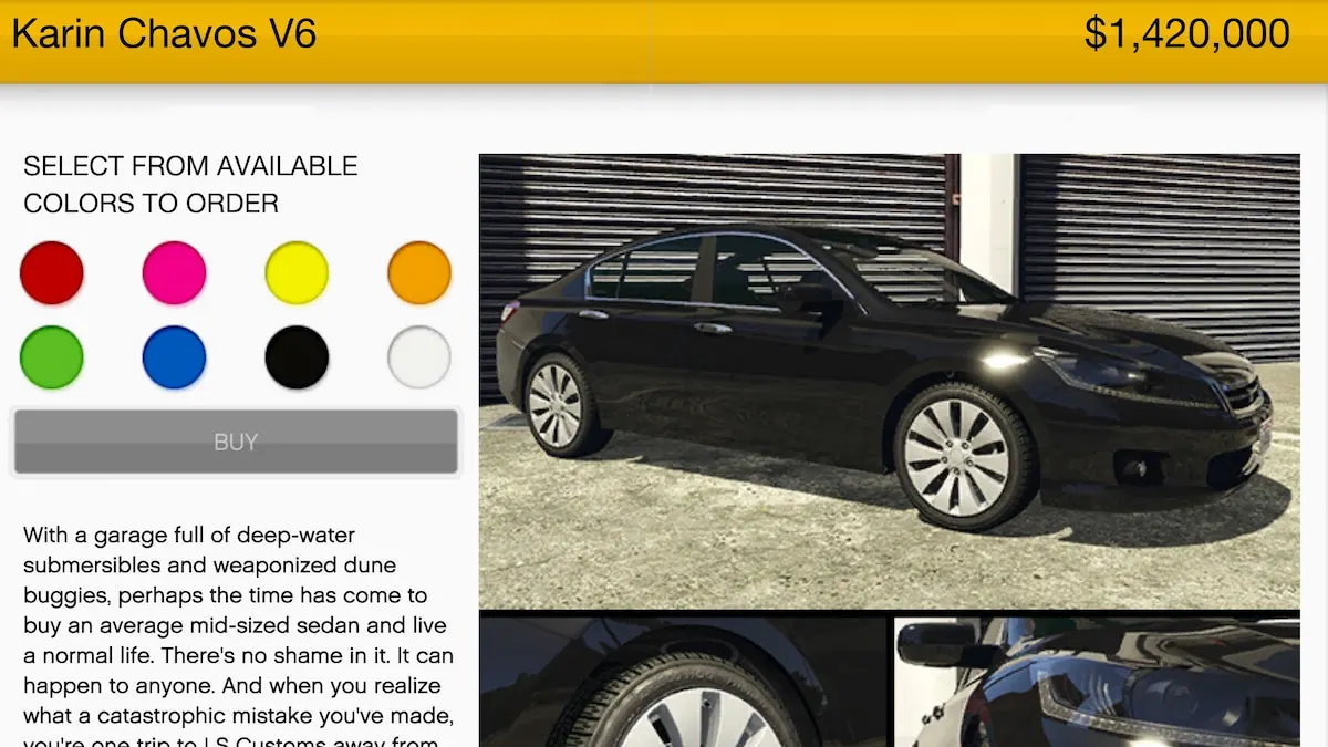 GTA V web page to purchase a black four-door sedan