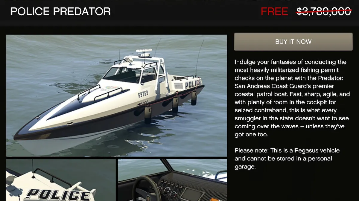 GTA V web page for buying a police boat