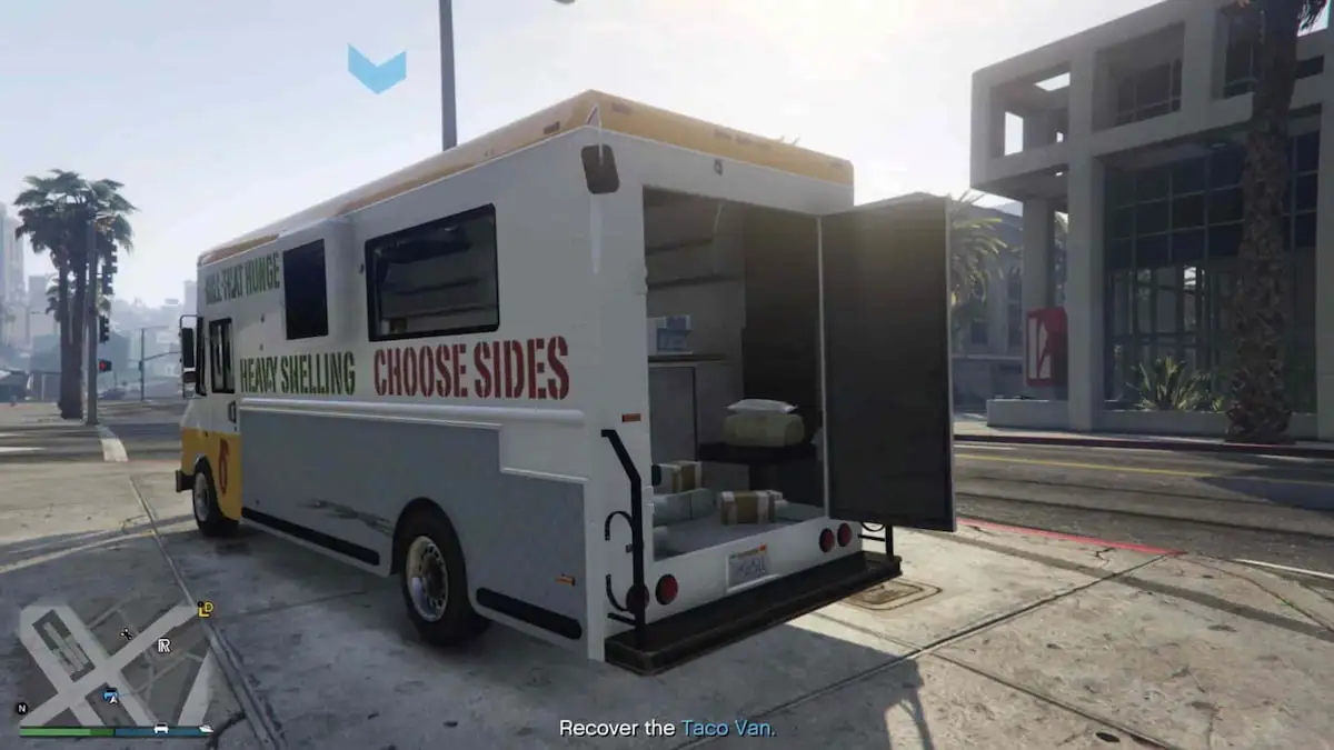 An image from GTA Online of the Dispatch Work that features a Taco Van filled with drugs.