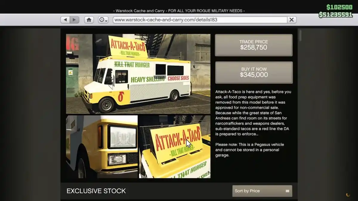 An image from GTA Online of the Taco Van store page in Warstock Cache and Carry. This allows you to drive around the map in a taco truck.