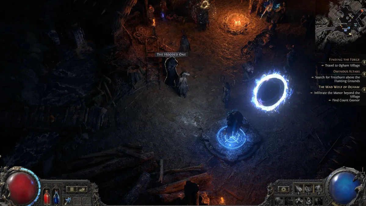 The Hooded One NPC in Path of Exile 2 stood near player character and portal.