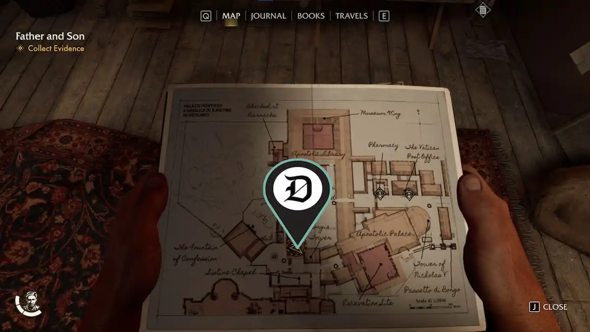 A character holds a map of the Vatican. There's a pin in the location where the player needs to find the Father and Son mystery.