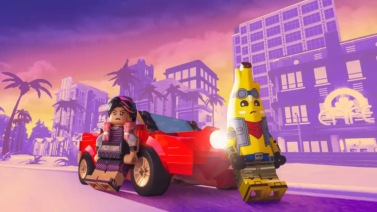 A LEGO Fortnite teaser mocking GTA 6 artwork.