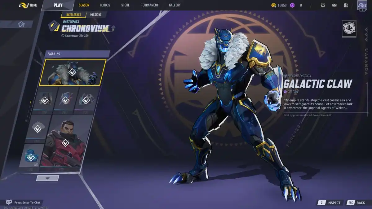 A screenshot of the Marvel Rivals Season 0 Battle Pass with the Galactic Claw Costume highlighted.