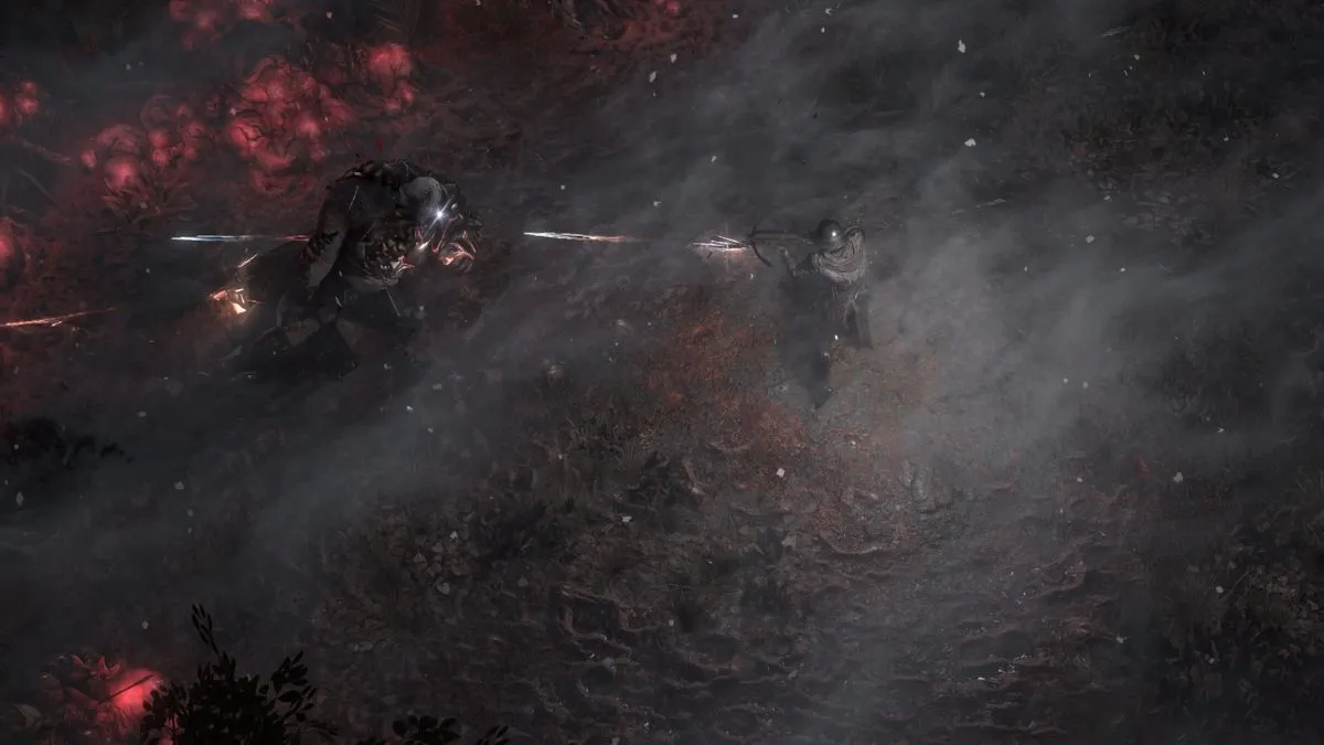 Mercenary player attacking an enemy in a dark and misty boss battle in Path of Exile 2.