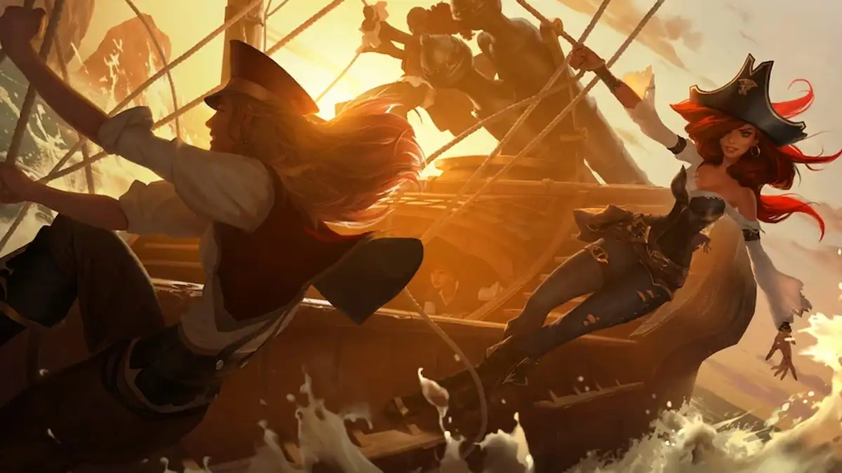 Picture showing Miss Fortune as a pirate with her crew in Runeterra.