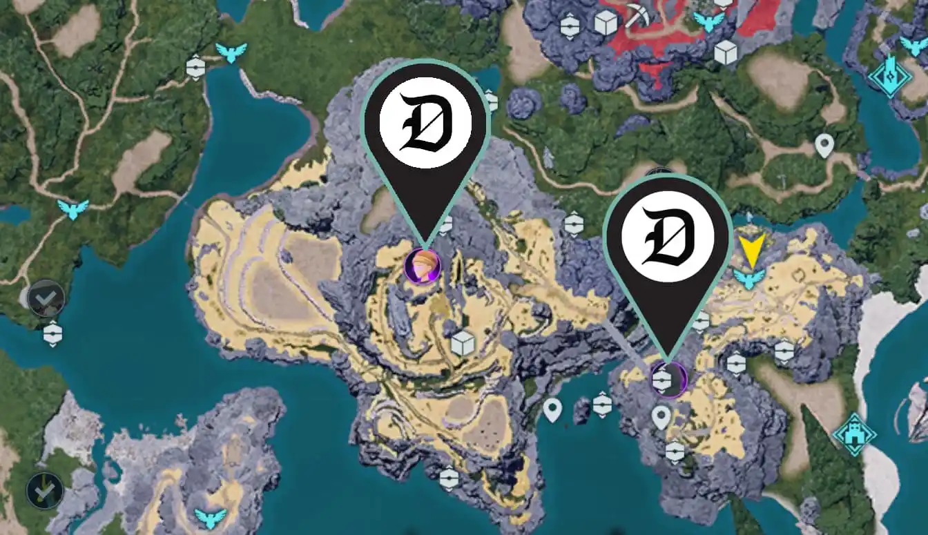 A map from Palworld showing two pins atop character icons that are surrounded by a purple circle. This shows readers what a Bounty looks like on the map.