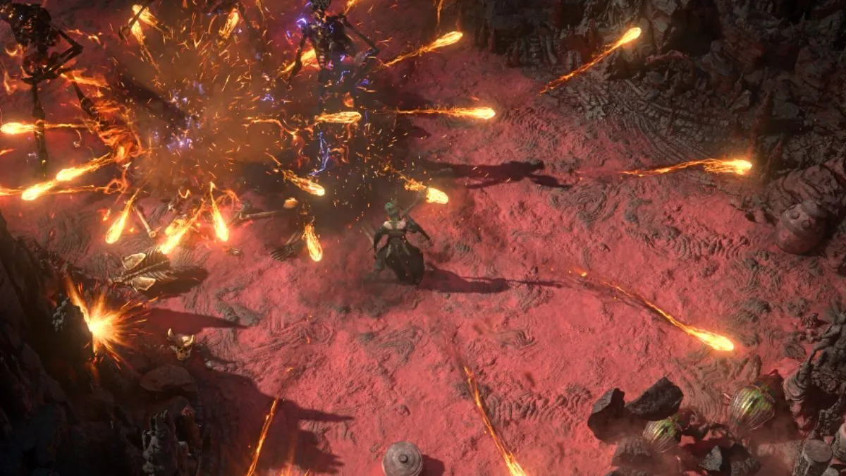 Explosive fire spell being used during a battle in Path of Exile 2 Early Access.