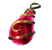 A red tear drop-shaped bottle from Palworld with a gold spiral accent wrapping around it. This is the Stout Fruit item from Palworld.