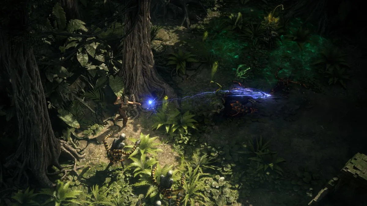 Ranger player fighting enemies in a forest in Path of Exile 2 with magic flying around.