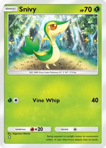 The Snivy card from Mythical Island in Pokemon TCG Pocket