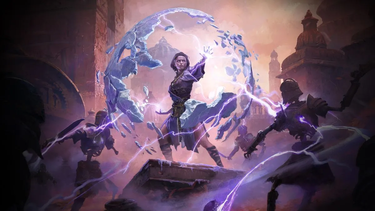 Image from Path of Exile 2 key art showing playable class Sorceress with ethereal detailing.