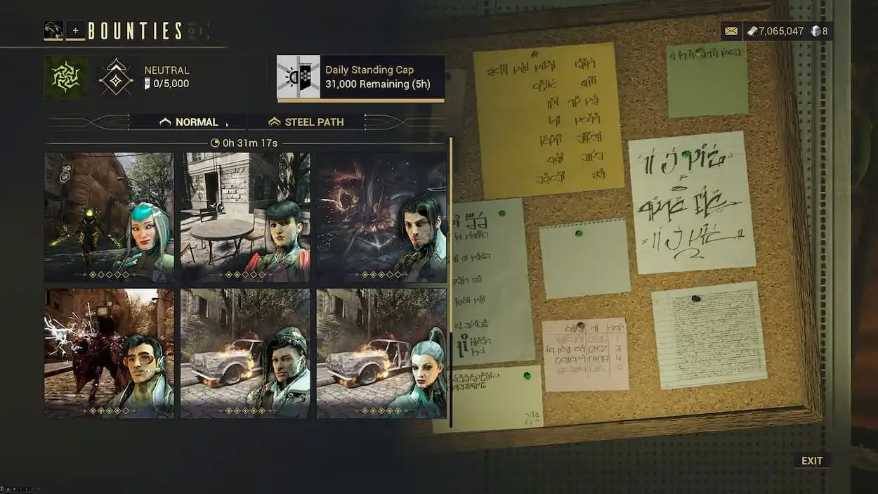 Image showing the Bounties screen in Warframe 1999.