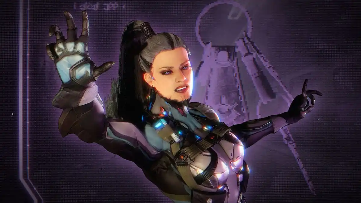 Eleanor Nightingale, a long-haired woman with her hair in a bun and purple eyes, in an action pose.