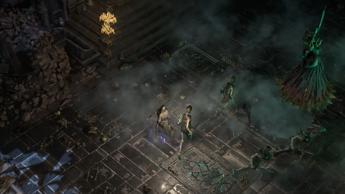 Witch player in Path of Exile 2 with their skeleton crew running through a morgue.