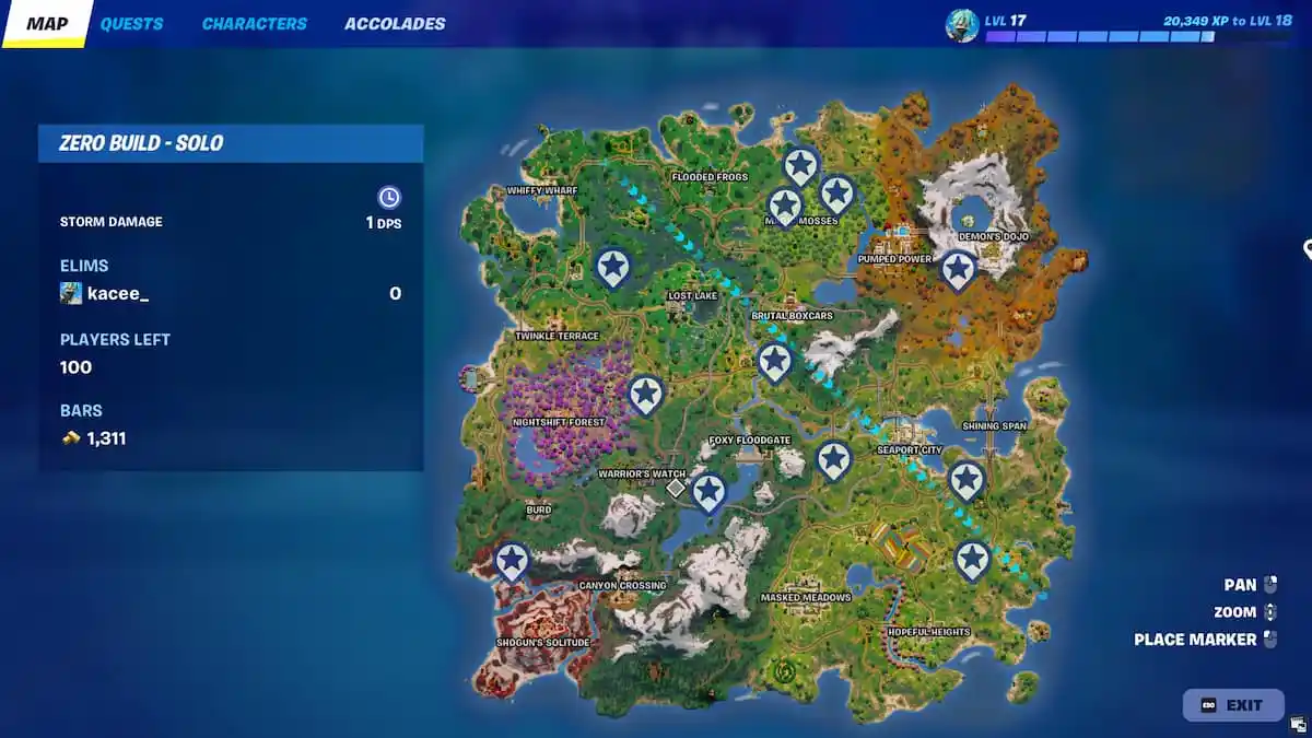 All Spirit Charm locations on a map in Fortnite.