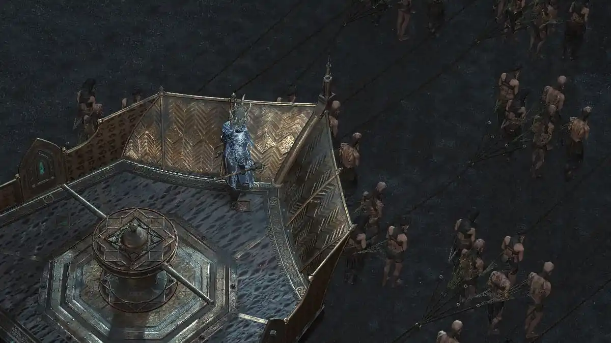 A Witch standing at the front of a caravan pulled with chains by a massive group of slaves alongside a desert in Path of Exile 2.