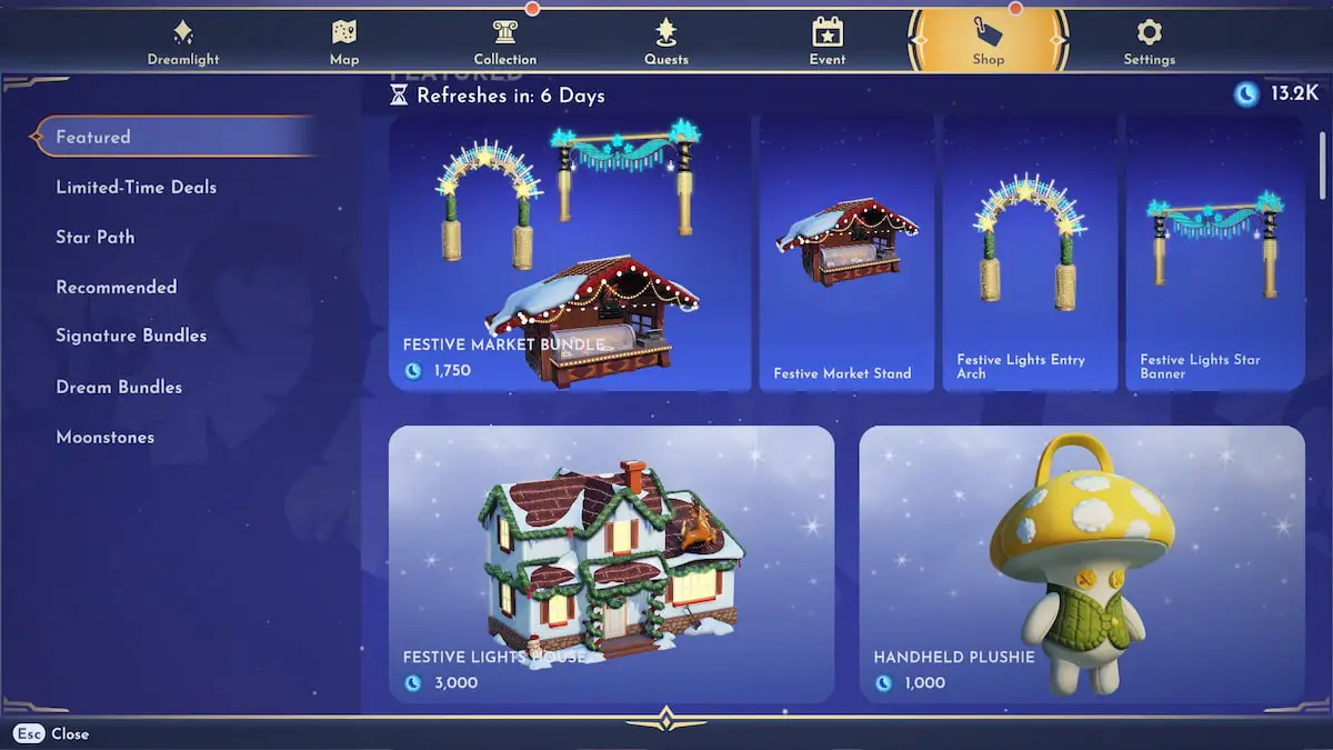 The Dec. 18 to 25 Disney Dreamlight Valley Premium Shop with a festive market bundle, a snowy festive house with lights, an a mushroom handheld plushie.