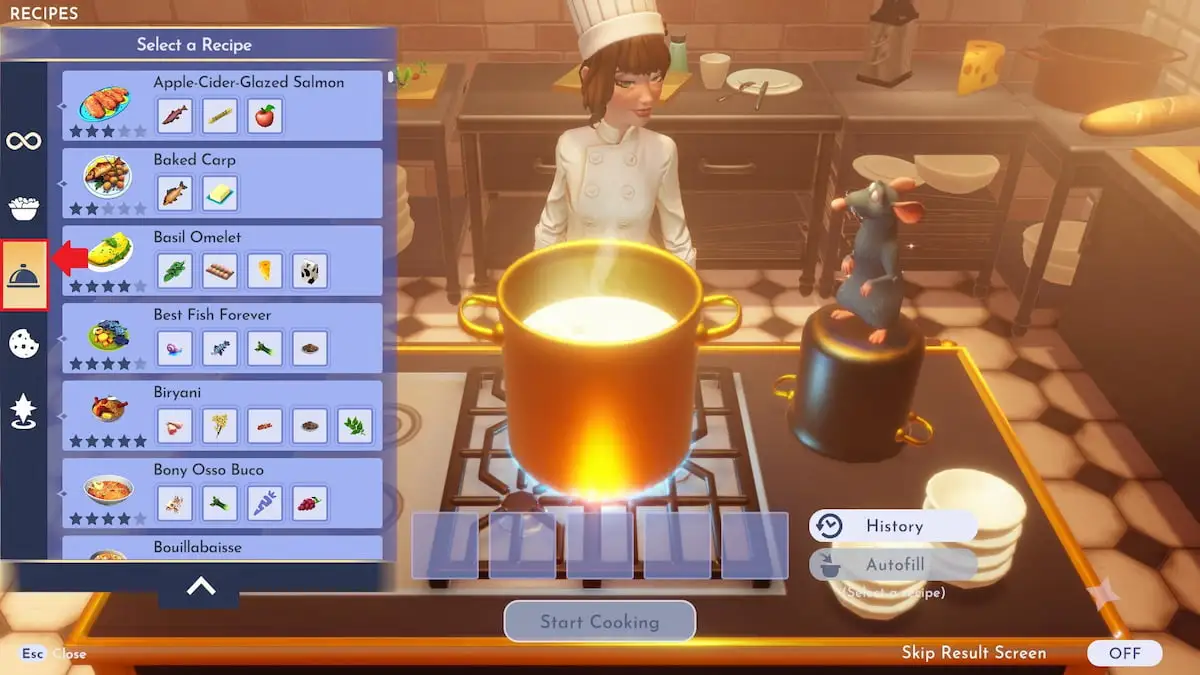 A player wearing a white chef hat and shirt standing behind a golden cooking pot and preparing to cook with Remy the rat in Disney Dreamlight Valley.