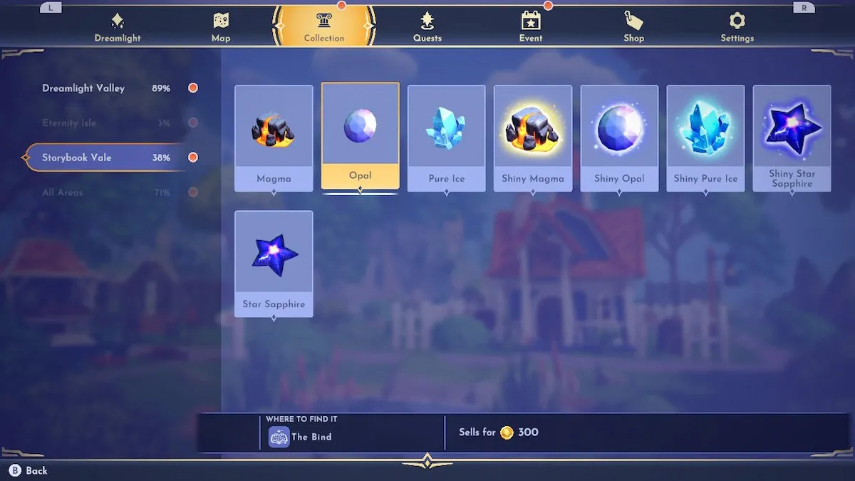 The collection menu showing where to find an Opal in Disney Dreamlight Valley.