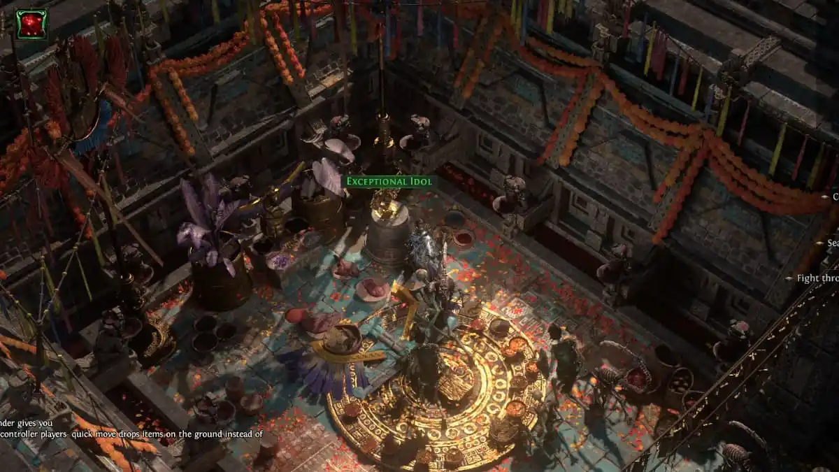 A colorful altar of some kind surrounded with ornaments, red curtains, multi-colored decorations, flowers, and other items while a witch and her skeletal warriors stand in front of it in Path of Exile 2.