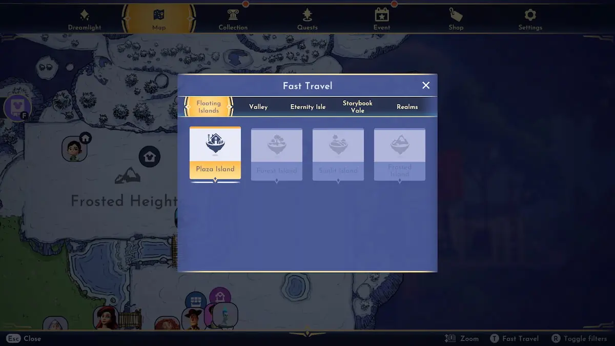 The Floating Islands map page in Disney Dreamlight Valley.
