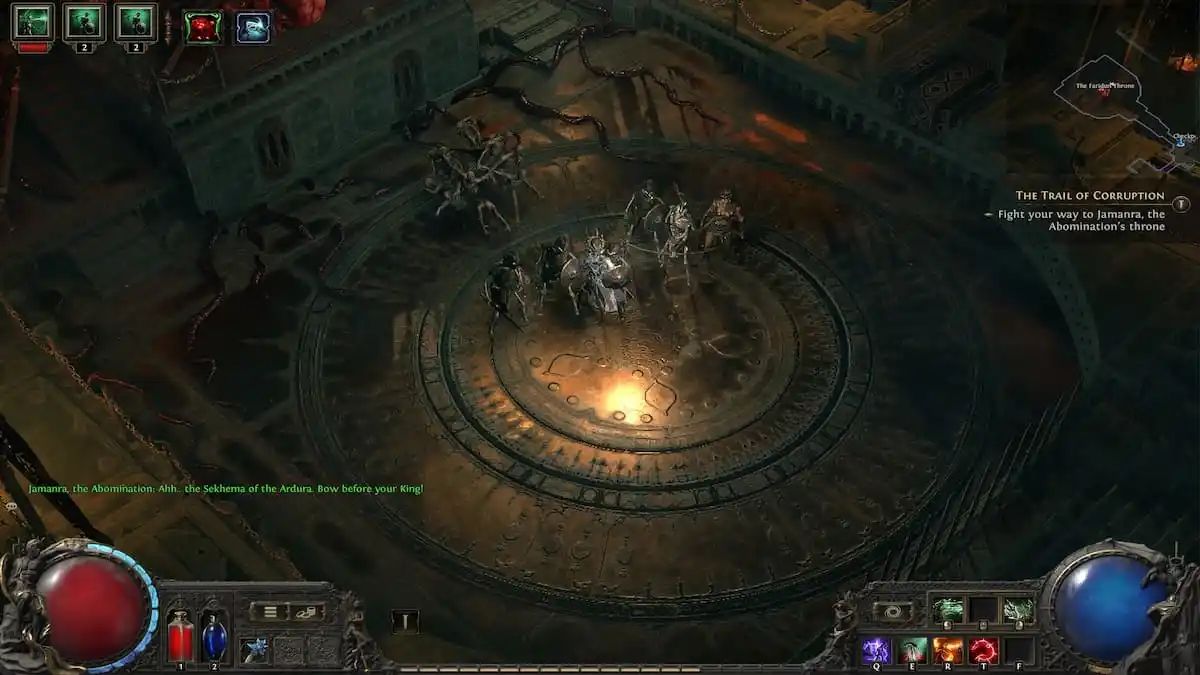 A necromancer and her skeletal warriors standing in a gilded arena with tendrils sprawling on the floor in Path of Exile 2.