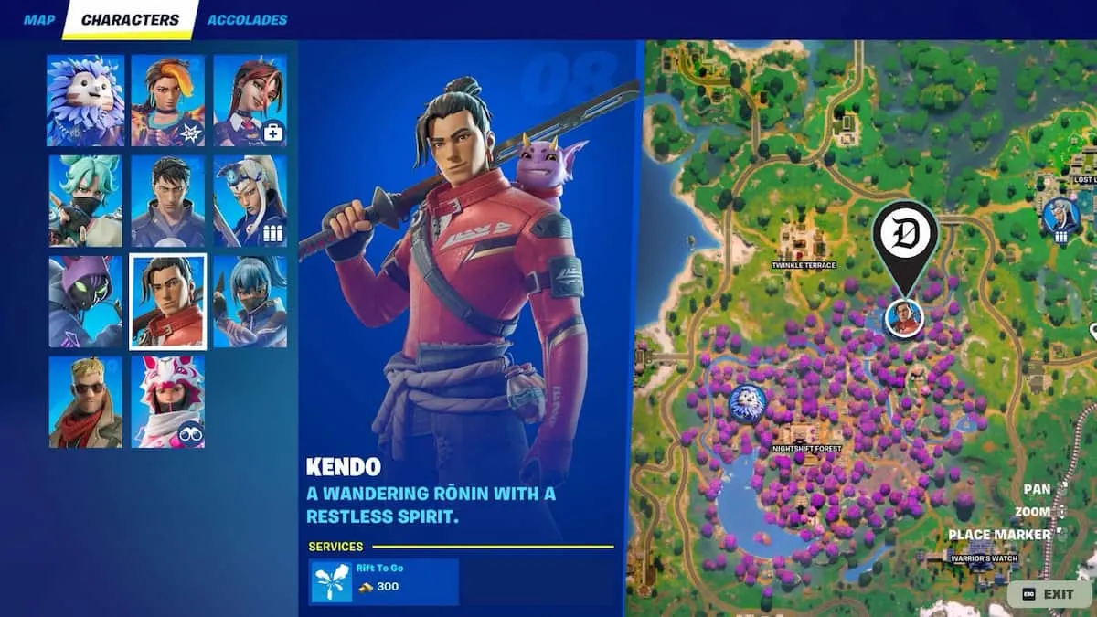 Kendo NPC location marked on a map in Fortnite.