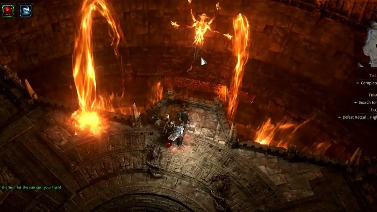 A flaming man with four arms levitating above a massive flaming arena. Beneath him a witch and her skeletal warriors stand waiting for him to descend and to commence battle with them in Path of Exile 2.