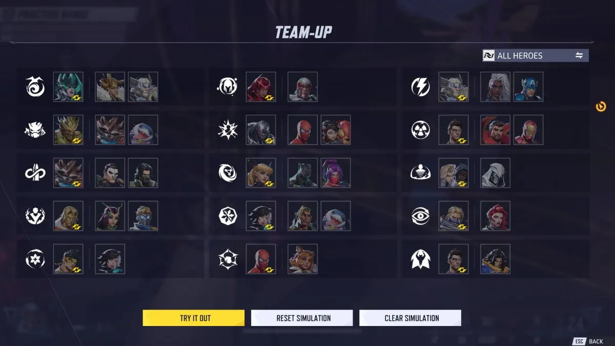 Marvel Rivals team up menu showing all 15 combinations